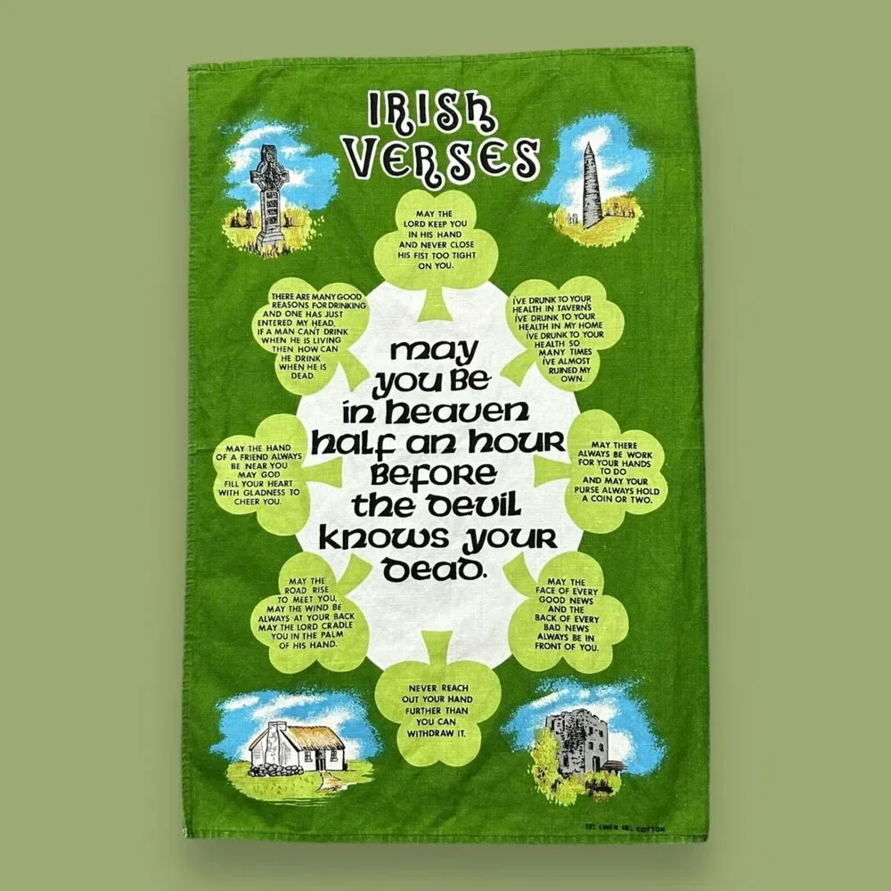 Vintage Irish Linen Wall Banner Decoration 70s 80s Green Cotton Blend 18x27 in
